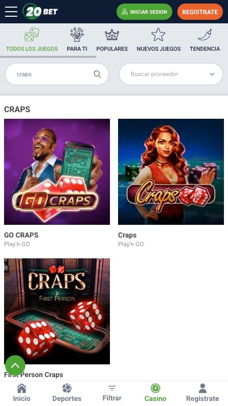 20Bet - Jugar Craps en Perú