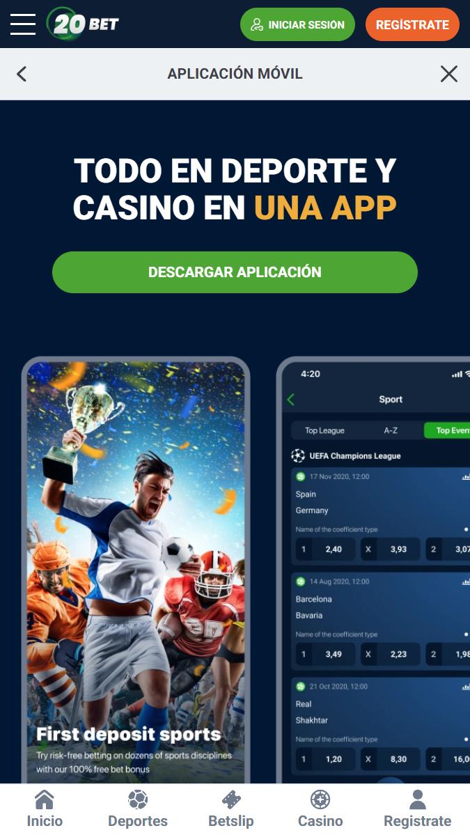 Aplicación de 20Bet para jugar desde el móvil