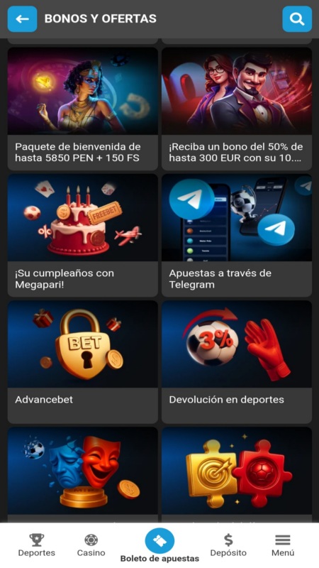 Bonos y promociones de Megapari