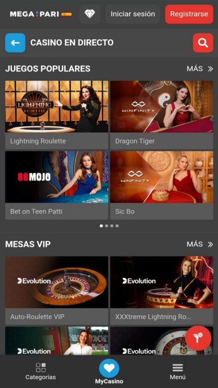 Juegos de casino en vivo de Megapari