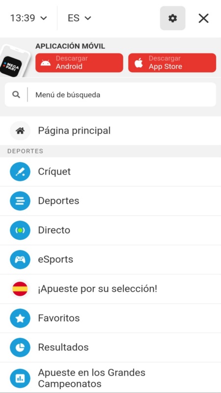 Aplicación móvil del casino Megapari