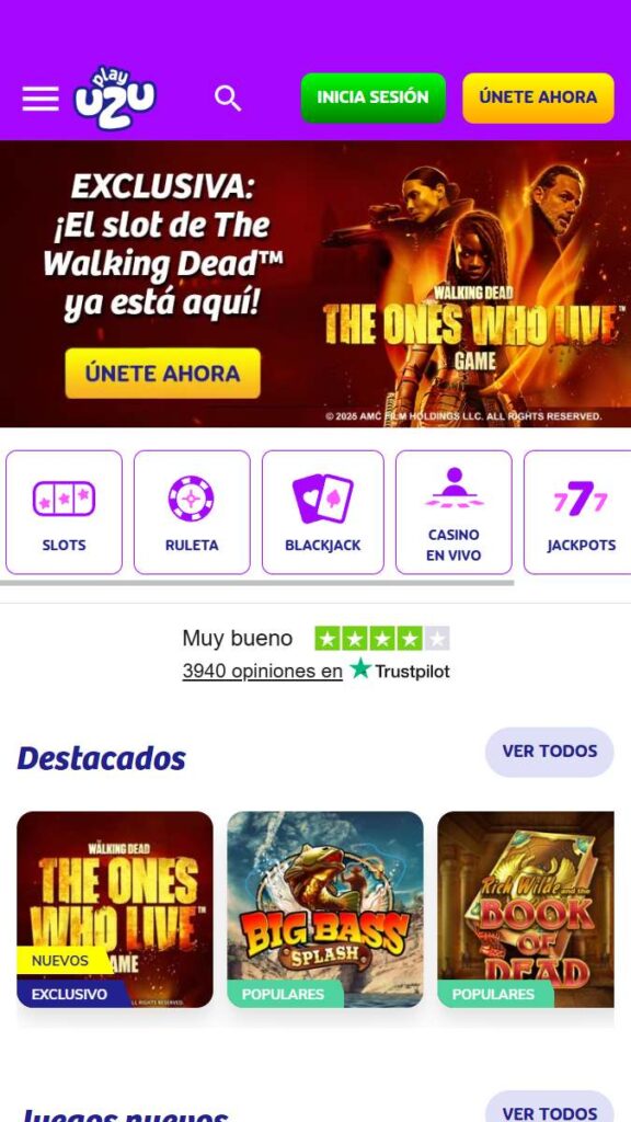 Página de inicio del sitio web del Casino PlayUZU