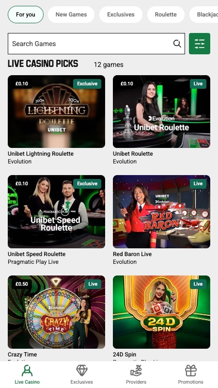 Interfaz del casino en vivo de Unibet