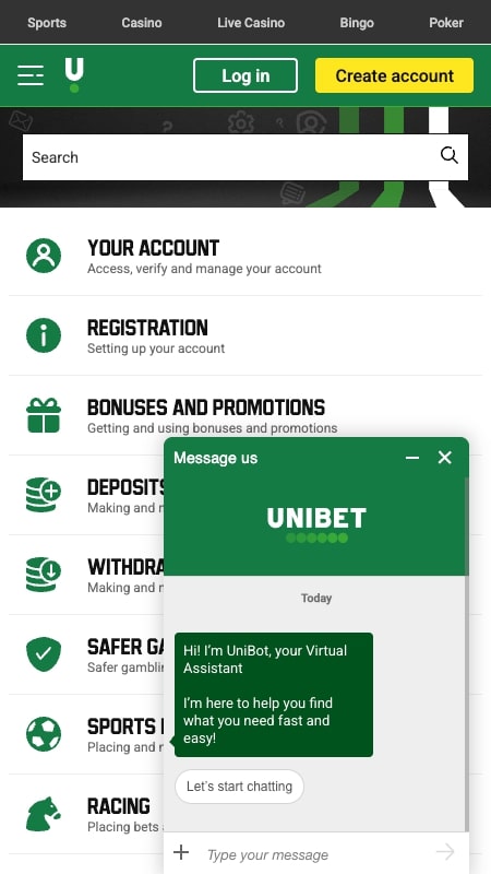 Chat en directo de Unibet